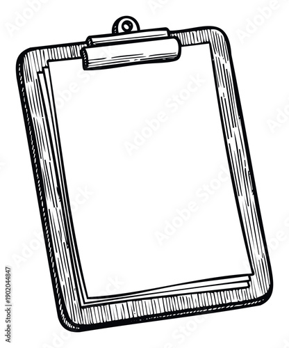 Classic black and white hand drawn style clipboard with blank white papers ready for notes and important messages, useful for education, business, and daily task organization needs.