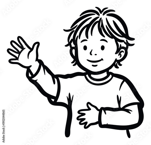 Adorable young boy waving a friendly greeting with a cheerful smile, ideal for enhancing learning materials, engaging childrens stories, or user interfaces requiring a welcoming gesture.