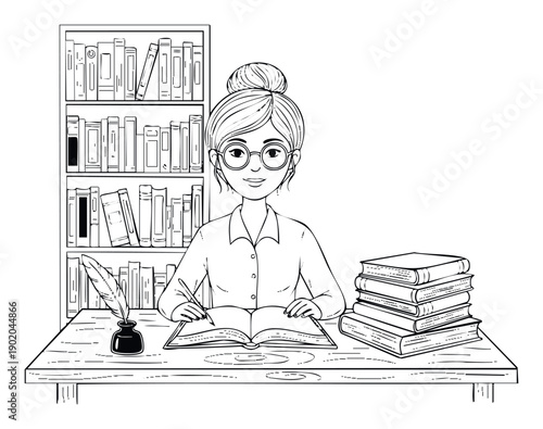 Smiling woman in glasses with a neat bun meticulously writes in an open book using a classic quill pen at a study desk, surrounded by a bookshelf, perfect for educational content, literacy,
