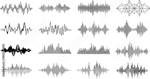 Black sound waveform visualization collection with diverse audio signal patterns, sinusoidal curves, jagged peaks, geometric line designs for sound analysis, editing, and creative projects