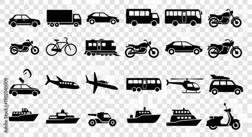 Collection of diverse transportation vehicle icons and silhouettes.