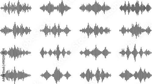 Black waveform visualization collection with symmetrical audio signal patterns, stylized sound wave icons for voice recording, digital media, sound design, and user interface projects