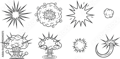 Cartoon explosion and burst illustrations with starburst shapes, mushroom clouds, smoke puffs, dynamic impact effects for comic books, graphic design, animation, and creative projects