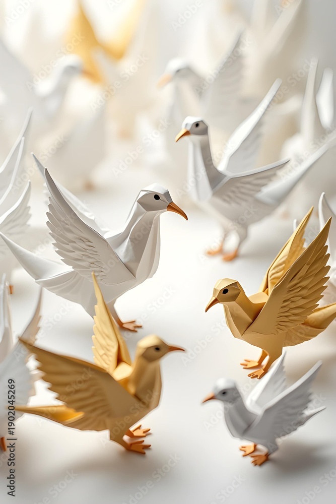 Obraz premium AI Generative. Elegant White and Gold Origami Paper Art Composition. 4
