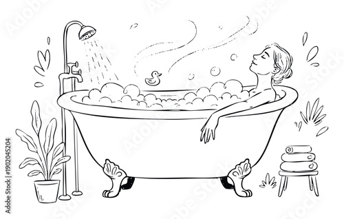 A serene woman unwinds in a warm bubble bath inside a classic clawfoot tub with a rubber duck, ideal for promoting relaxation, personal care, and spa services.