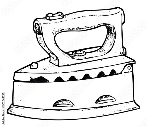 Handdrawn sketch of a vintage clothes iron appliance for laundry and garment care used in domestic household chores or graphic design projects