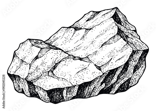 Detailed rough stone formation with craggy surfaces and intricate shading, ideal for geology, environmental, or adventurethemed graphic projects and educational materials.