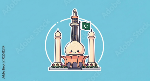 Smiling mosque with pakistani flag on blue background cartoon illustration