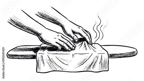 Two hands pressing hot steaming fabric on an ironing board, ideal for household chores guides, garment care instructions, and dry cleaning service advertisements.