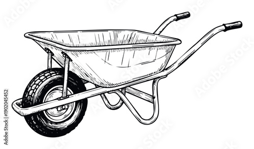 Hand drawn sketch of a wheelbarrow, an essential gardening and construction tool for transporting materials, ideal for agriculture and DIY project visuals.