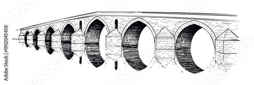 Old stone bridge with multiple arches and pointed piers extending in perspective, depicted in a classic hand drawn black ink style, suitable for architectural studies or historical travel