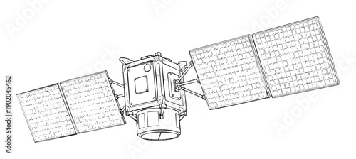Detailed line drawing of a communication satellite with outstretched solar panels, ideal for educational materials, technology presentations, and scientific publications illustrating space
