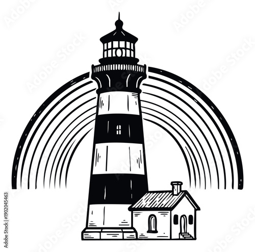 A bold graphic illustration of a striped lighthouse and an accompanying small building framed by radiating arcs evokes a sense of journey and coastal security for various print and digital