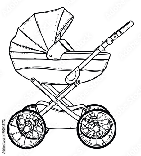 Classic vintage style baby carriage ink drawing perfect for baby shower invitations nursery decor family event announcements and child care educational materials