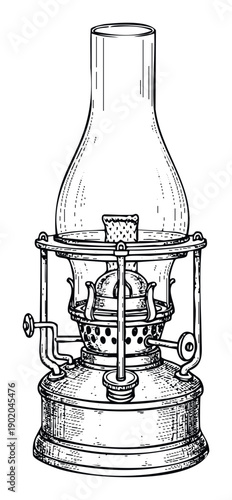 Vintage kerosene lamp line drawing featuring a classic glass chimney and intricate metal base, perfect for historical decor projects and traditional home accent illustrations