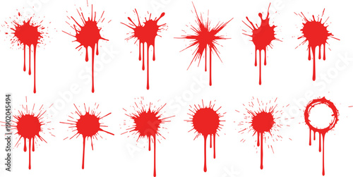 Red paint splatter collection with dripping effects, circular and irregular shapes, abstract artistic textures for creative backgrounds, graphic design, digital art, and forensic illustration projects