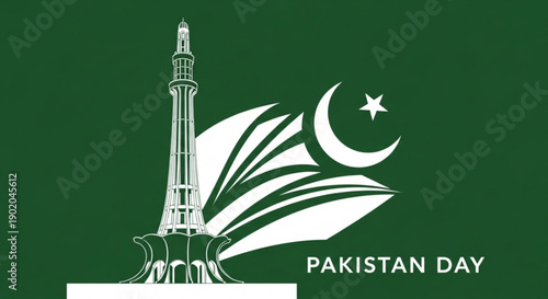 Pakistan day celebration with iconic minar e pakistan monument and national flag symbols on green background