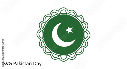Pakistan day celebration emblem with green and white crescent moon star symbol on white background