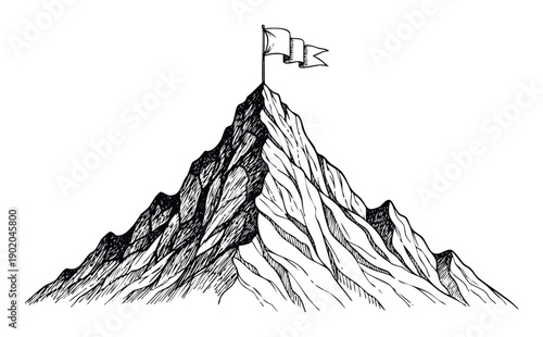 Hand drawn mountain peak with a flag symbolizing achievement, success, and challenging goals for business presentations or motivational content