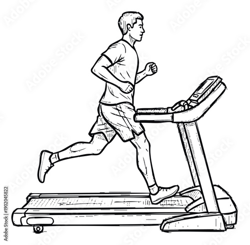 Energetic young man performing a cardio workout on a modern treadmill for fitness and health content or gym advertisements.