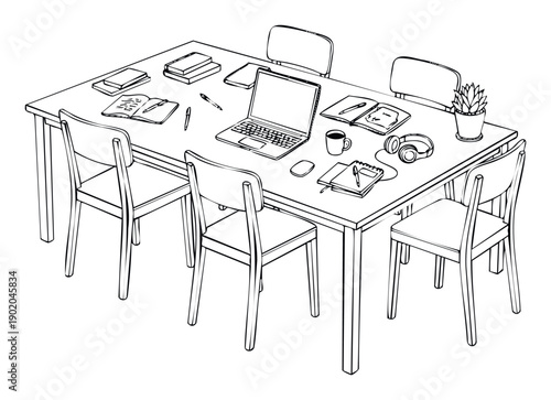 Spacious collaborative work table featuring multiple laptops, open books, notebooks, and stationery, ideal for illustrating educational settings, team productivity, or office environments