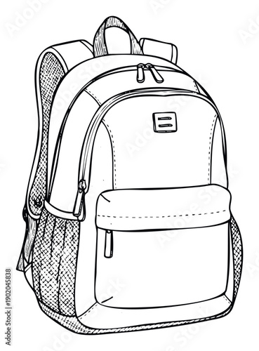A detailed black and white handdrawn outline sketch of a versatile school or travel backpack featuring multiple zippered compartments and comfortable padded shoulder straps for daily use.