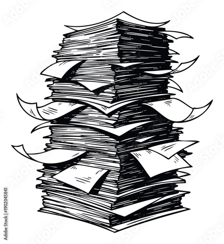 Monochromatic hand drawn pile of papers symbolizing overwhelming workload and administrative tasks, suitable for business presentations, office environment reports, and productivity