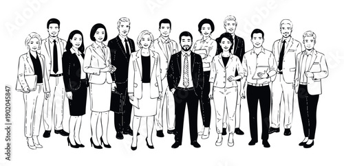 Diverse business team standing together in professional attire, showcasing teamwork and corporate unity for various businessrelated presentations and marketing collateral