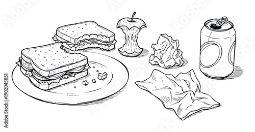 Detailed sketch of after meal items like half eaten sandwiches, an apple core, a crumpled napkin, and a beverage can, perfect for illustrating themes of consumption and disposal.