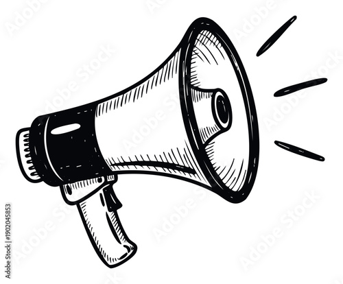 Dynamic hand sketched megaphone depicting clear vocal communication news alerts or urgent public announcements ideal for social media marketing and event promotion applications.