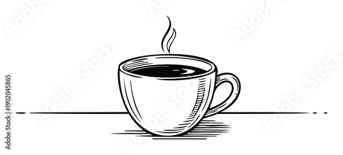 Dynamic sketch of a steaming hot coffee cup, perfect for adding a cozy atmosphere to cafe branding, morning beverage promotions, and inviting hospitality industry communications