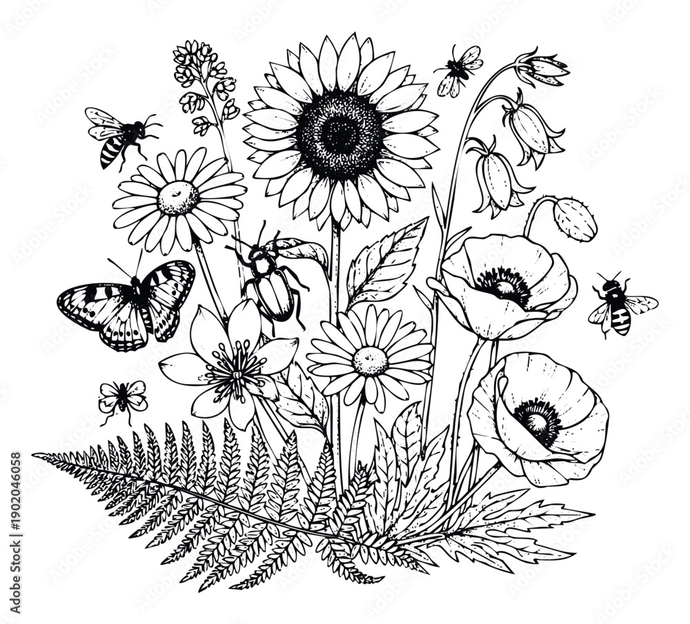 Obraz premium Botanical arrangement of various wildflowers and garden insects like bees, butterflies, and beetles, perfect for naturethemed graphic projects and educational materials