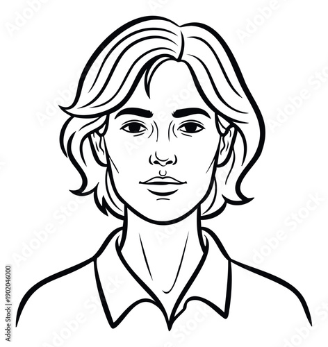 A striking black and white line drawing of a youthful person with wavy hair and a collared shirt, perfect for graphic design projects, educational materials, or contemporary visual content