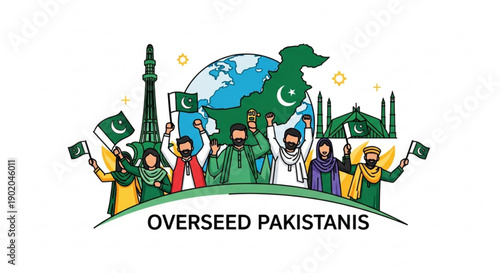 Diverse group of people holding pakistani flags with global and cultural symbols