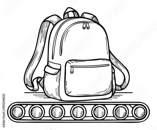 Outline drawing of a backpack moving along a conveyor belt, ideal for educational presentations, travel industry marketing, and logistics company branding materials.