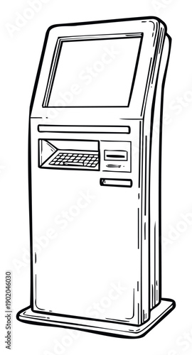 A detailed line drawing of a modern selfservice terminal, ideal for illustrating digital services, automated payment systems, and information kiosks in commercial and public environments.