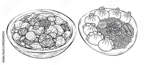 Monochrome outline of two popular food dishes, a steaming bowl of savory stew and a plate with delicious dumplings and fresh noodles, ideal for culinary blogs.