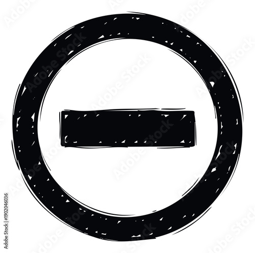 A hand drawn distressed black circle with a horizontal line inside symbolizing a stop, minus, or prohibition sign, suitable for creating warning graphics, negative indicators, or denial