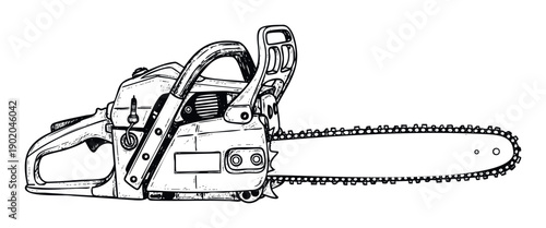 Rough sketch style depiction of a robust gasoline powered chainsaw for heavy duty wood cutting applications, ideal for forestry, logging, and construction industry advertisements.