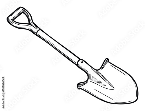 Black and white hand drawn shovel for gardening and digging projects perfect for agricultural equipment catalogs or outdoor work themed presentations