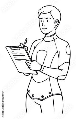 Professional female character in a wetsuit holding a clipboard and pen, actively taking notes for scientific research, outdoor aquatic activities, or educational materials.