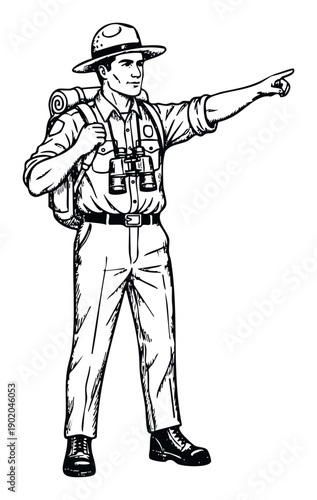 Experienced park ranger or outdoor guide wearing a hat and carrying a backpack pointing confidently, perfect for conveying direction or discovery in travel, nature, or adventure promotions.