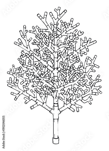 A stylized monochrome drawing of a branching structure resembling a tree, ideal for graphic projects, educational materials, or various decorative applications requiring a distinct organic
