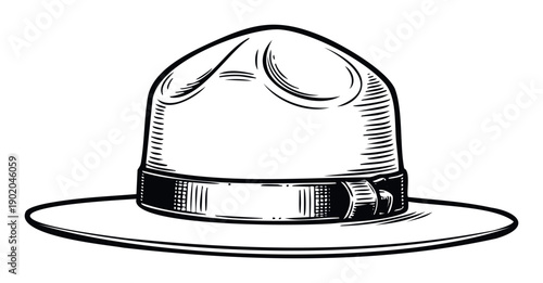 Classic ranger campaign hat depicted in a vintage black and white engraving style, perfect for outdoor adventure branding, scout emblems, travel posters, or uniform accessory designs.