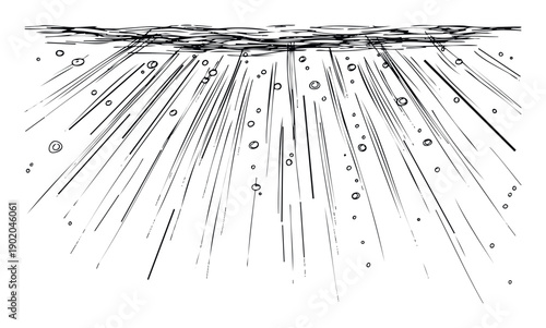 Black and white sketch illustrating bright sunlight streaming into the water with many rising gas bubbles, ideal for aquatic themes, abstract backgrounds, or conceptual oceanic graphic