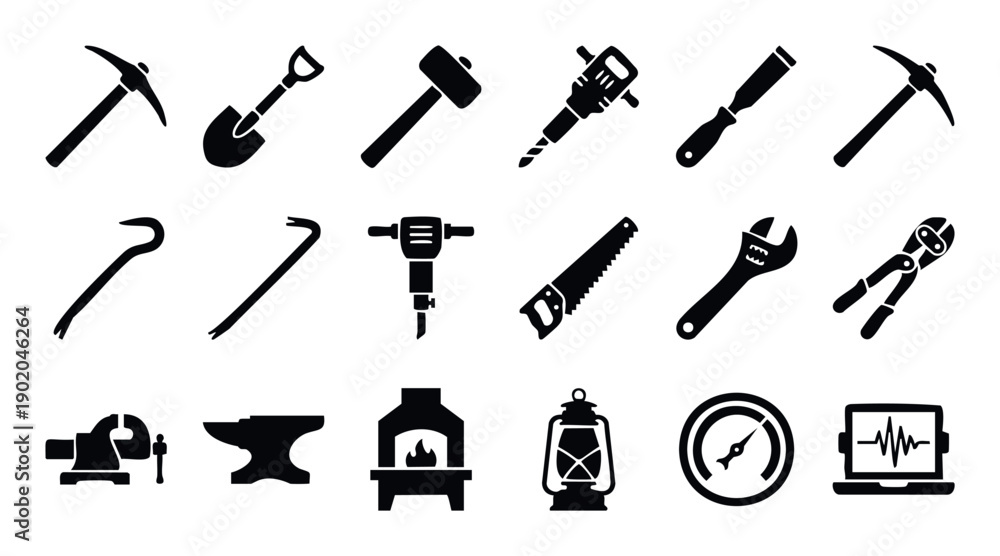 Obraz premium A comprehensive collection of essential working tools and equipment including pickaxe, shovel, hammer, saw, wrench, vise, anvil, forge, and gauge, ideal for industrial, construction, and
