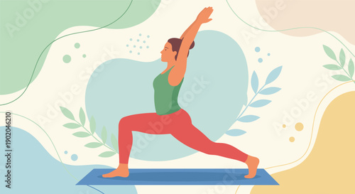 Yoga fitness exercise illustration with woman performing standing warrior pose on mat, balance strength and wellness workout on transparent background
