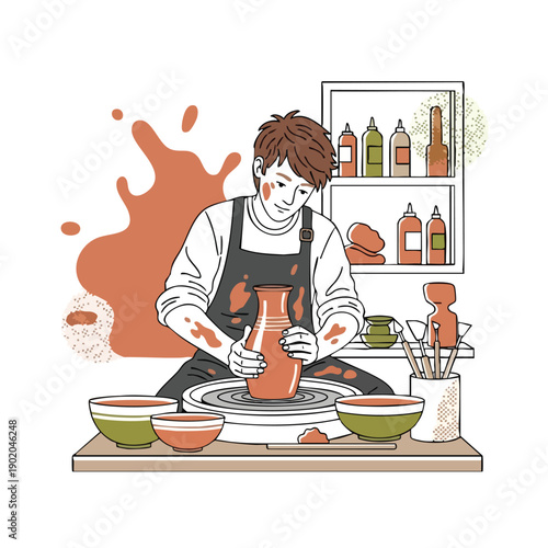 Young man creating pottery on a potters wheel in a workshop.