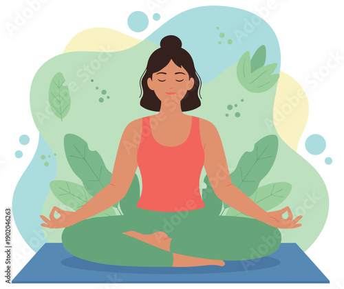 Yoga meditation illustration with woman sitting in lotus pose, wellness mindfulness and relaxation exercise on transparent background
