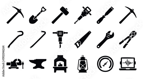 A comprehensive collection of essential working tools and equipment including pickaxe, shovel, hammer, saw, wrench, vise, anvil, forge, and gauge, ideal for industrial, construction, and